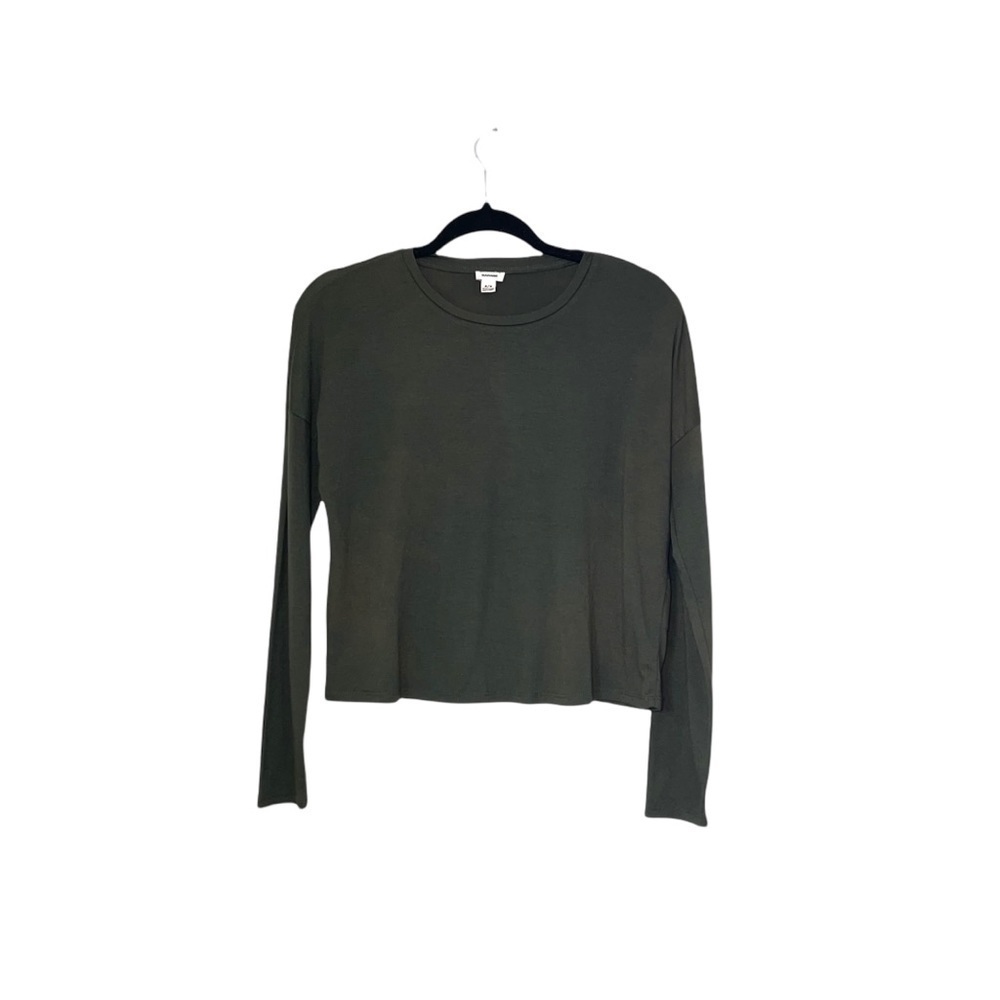 Garage Cropped Tee Solid Olive Green Long Sleeve Crew Neck Basic Medium Women’s